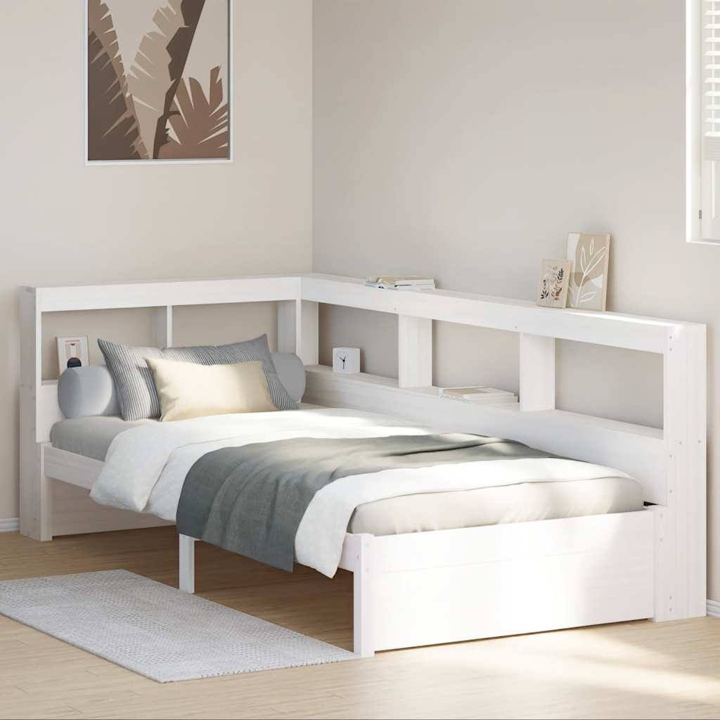 Seng med bokhylle uten madrass hvit 100x200 cm heltre furu