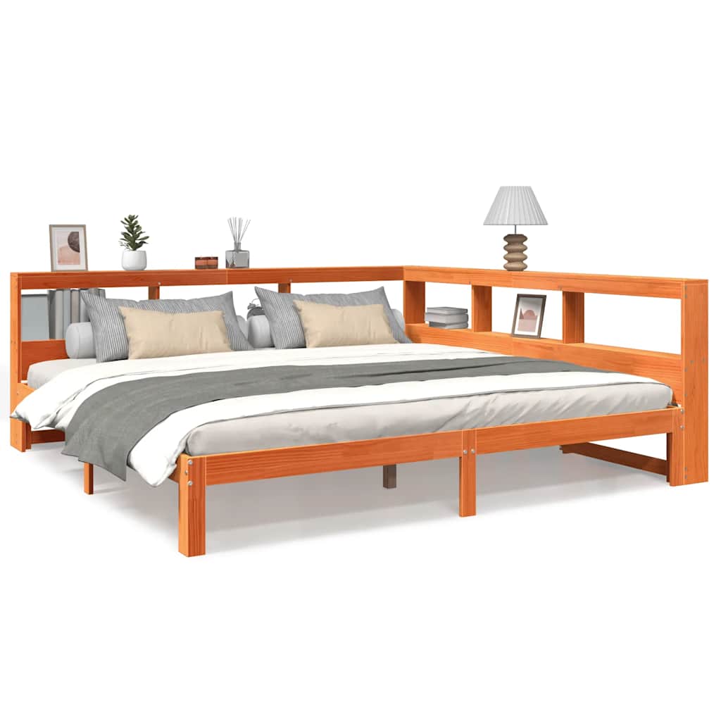 Seng med bokhylle uten madrass voksbrun 180x200 cm heltre furu