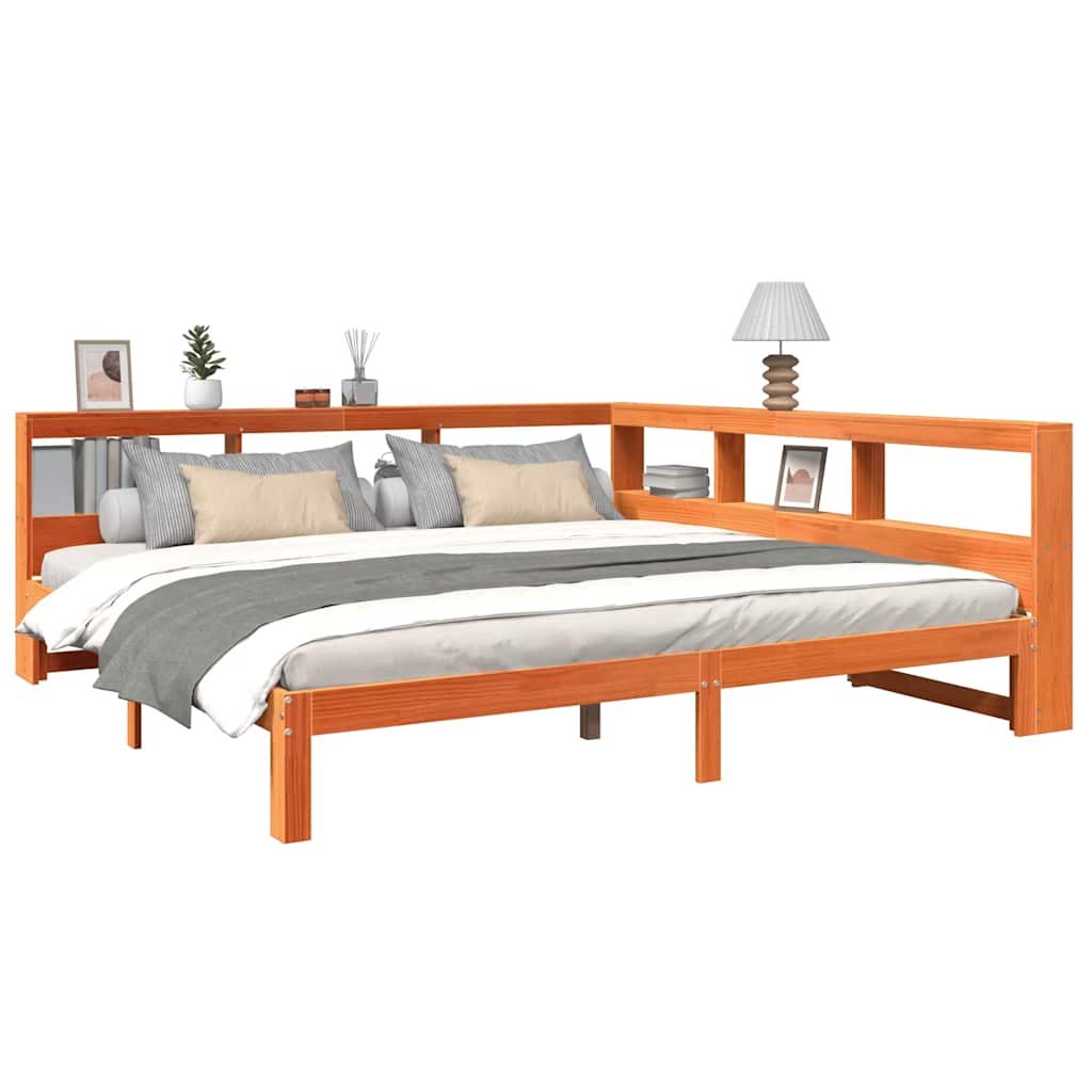 Seng med bokhylle uten madrass voksbrun 180x200 cm heltre furu