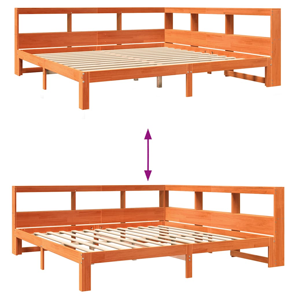 Seng med bokhylle uten madrass voksbrun 180x200 cm heltre furu