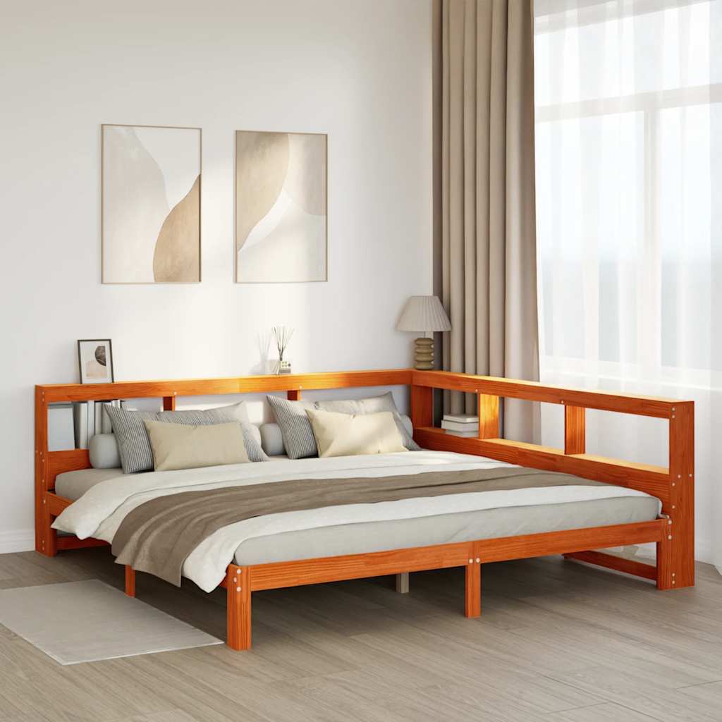 Seng med bokhylle uten madrass voksbrun 180x200 cm heltre furu