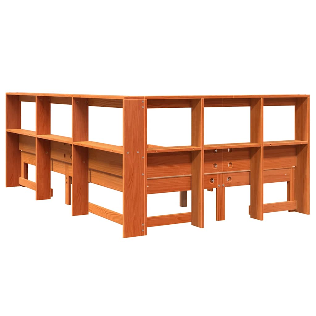 Seng med bokhylle uten madrass voksbrun 120x200 cm heltre furu