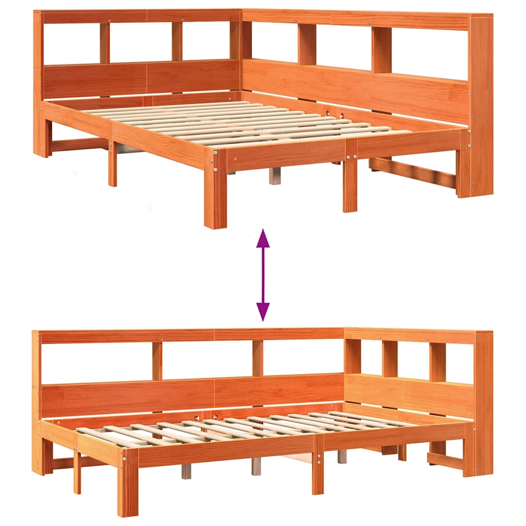 Seng med bokhylle uten madrass voksbrun 120x200 cm heltre furu