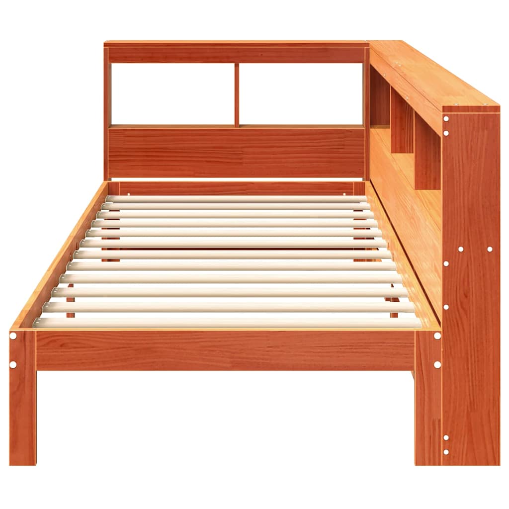 Seng med bokhylle uten madrass voksbrun 100x200 cm heltre furu