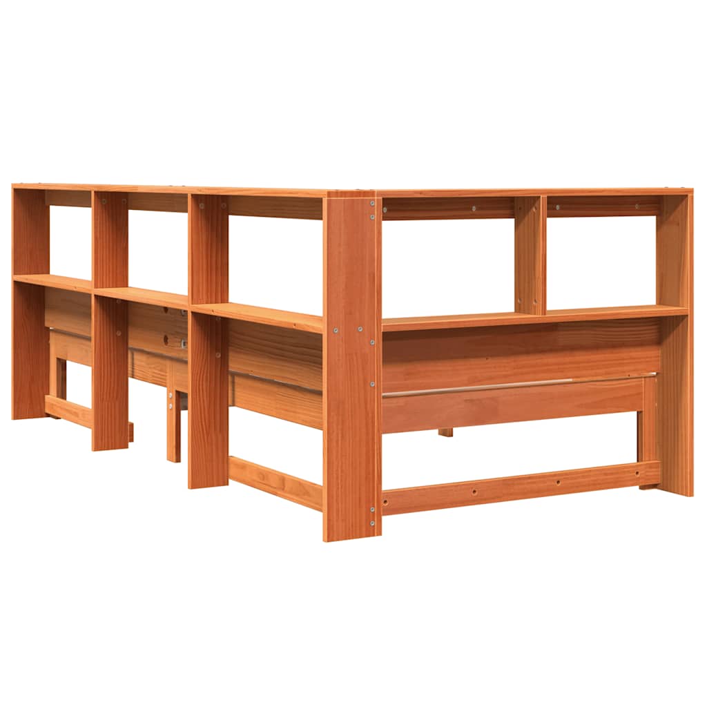 Seng med bokhylle uten madrass voksbrun 100x200 cm heltre furu