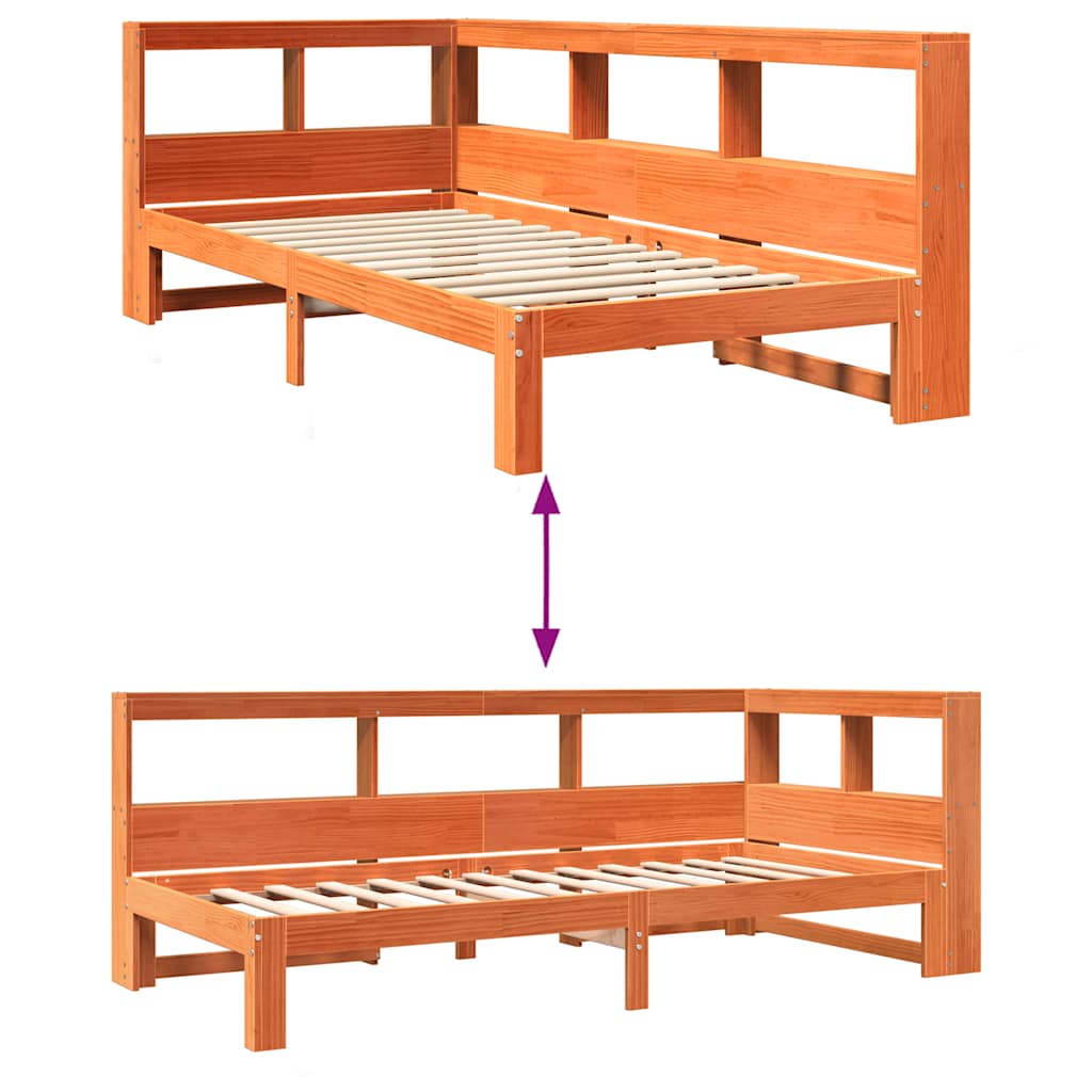 Seng med bokhylle uten madrass voksbrun 100x200 cm heltre furu