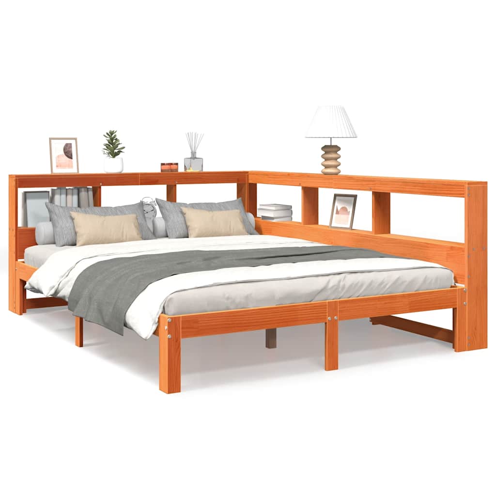 Seng med bokhylle uten madrass voksbrun 140x190 cm heltre furu