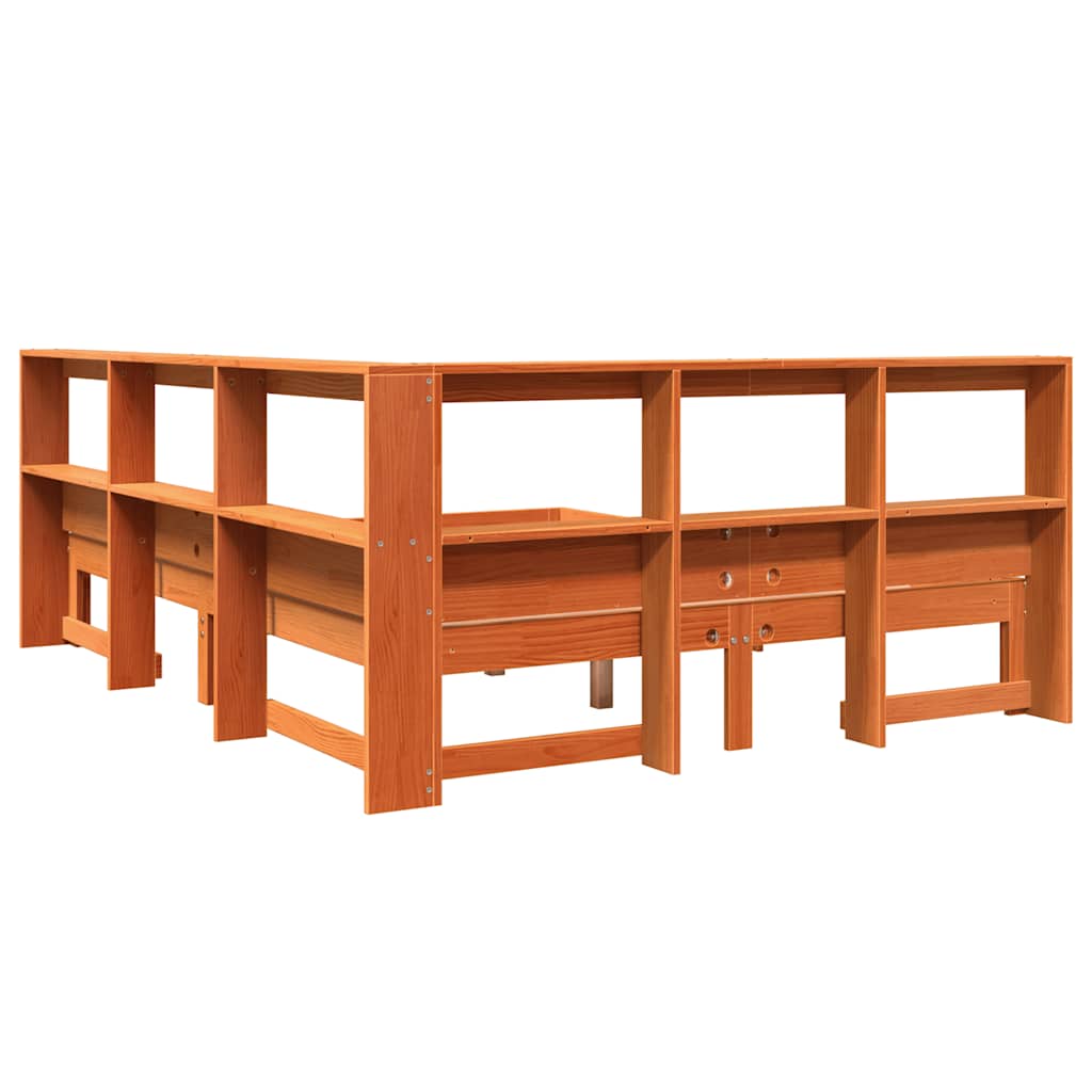 Seng med bokhylle uten madrass voksbrun 140x190 cm heltre furu
