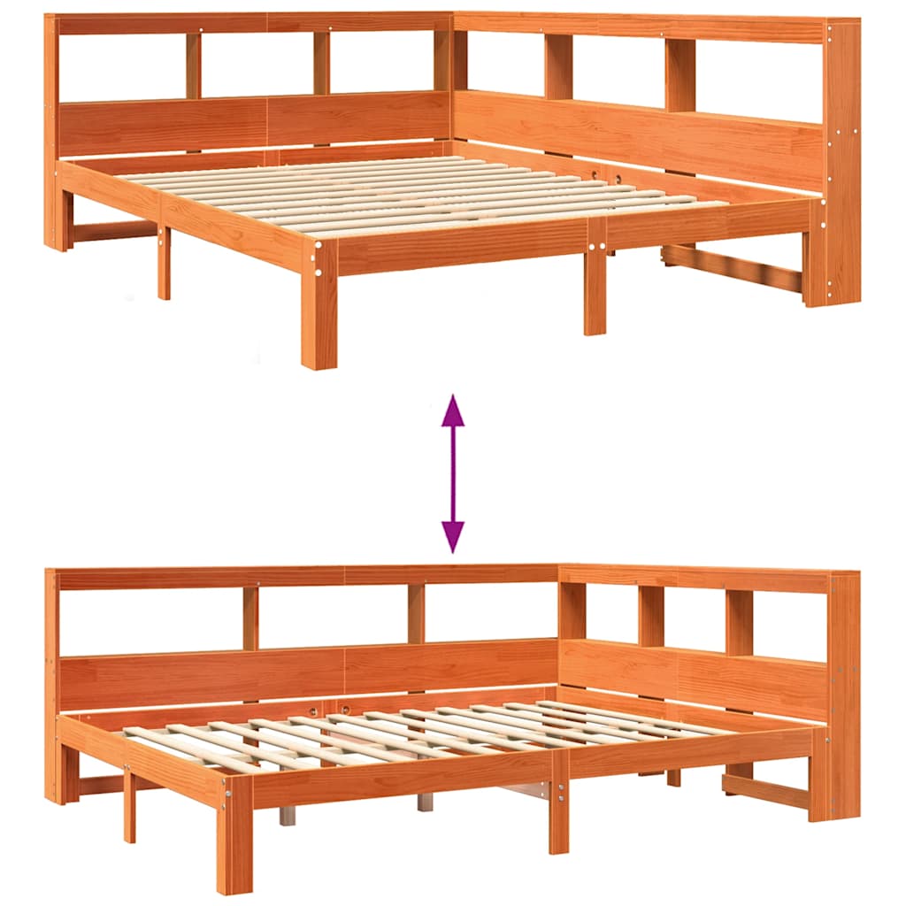 Seng med bokhylle uten madrass voksbrun 140x190 cm heltre furu