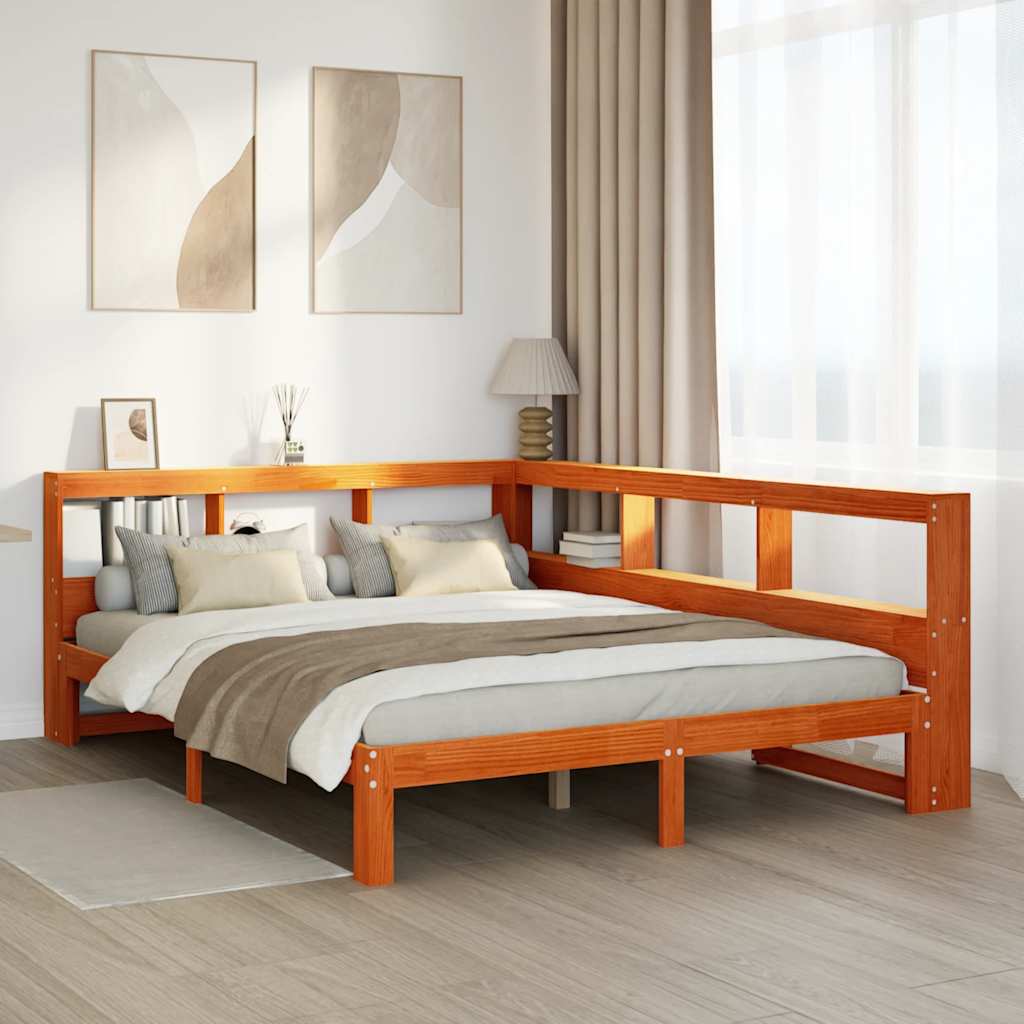 Seng med bokhylle uten madrass voksbrun 140x190 cm heltre furu