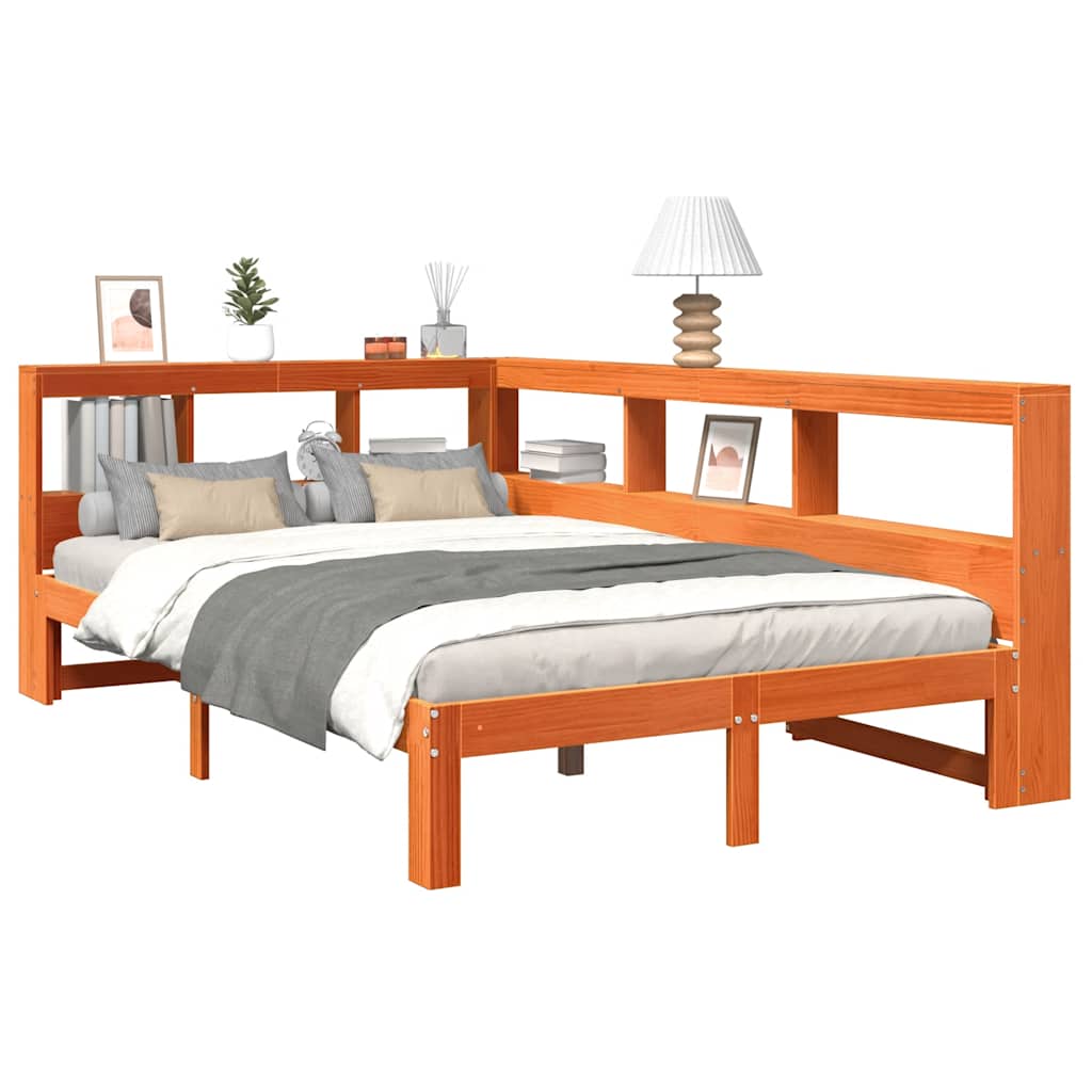 Seng med bokhylle uten madrass voksbrun 120x190 cm heltre furu