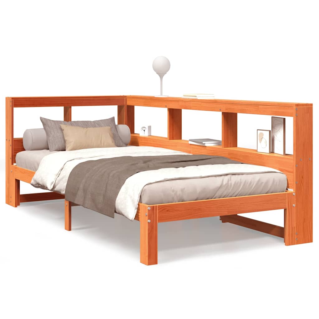 Seng med bokhylle uten madrass voksbrun 90x190 cm heltre furu