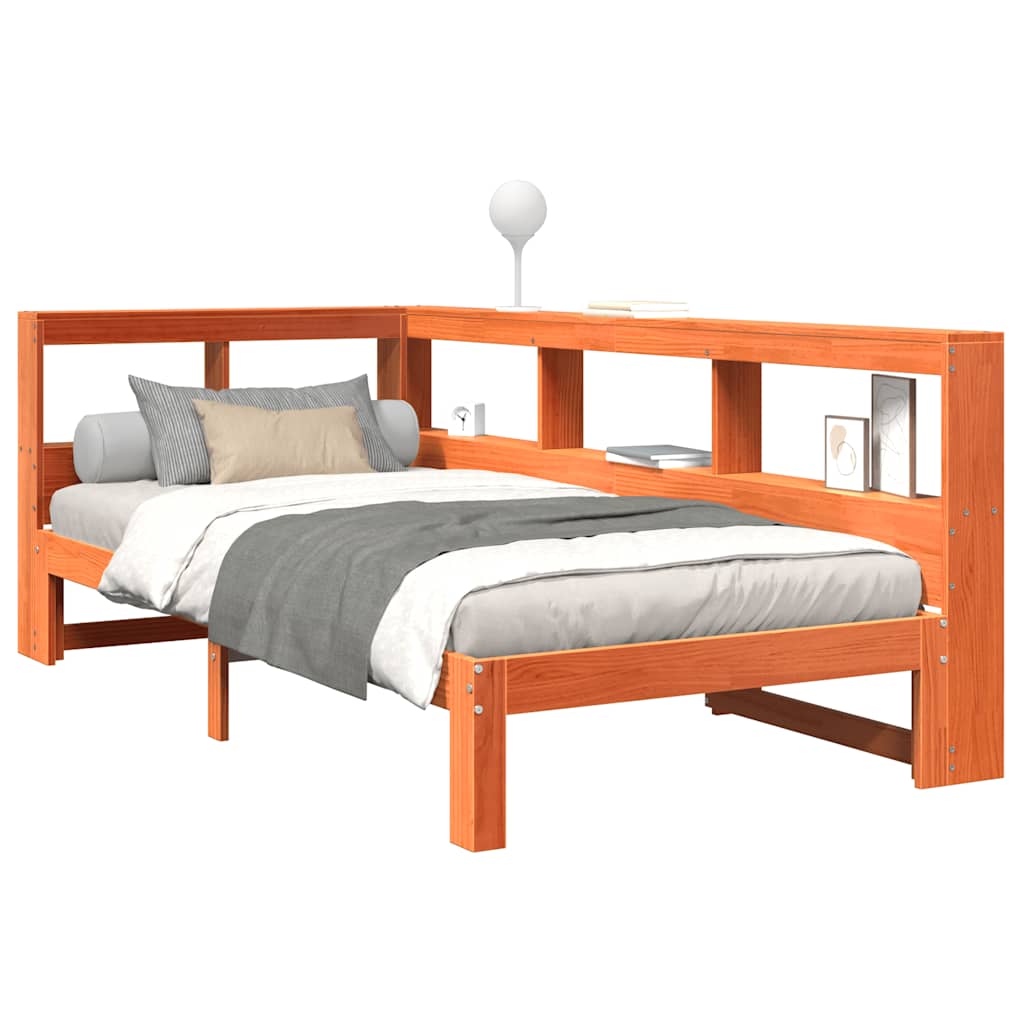 Seng med bokhylle uten madrass voksbrun 90x190 cm heltre furu
