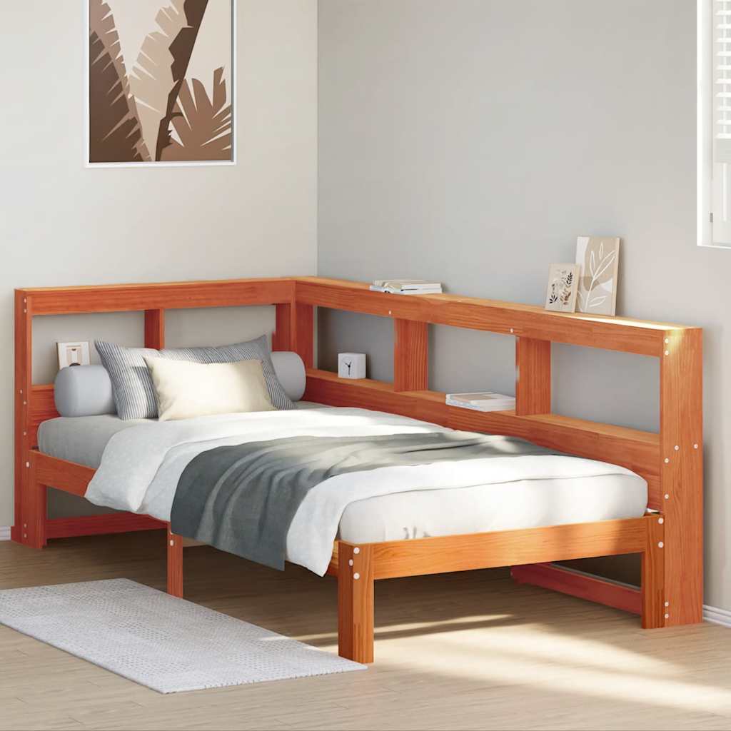 Seng med bokhylle uten madrass voksbrun 90x190 cm heltre furu