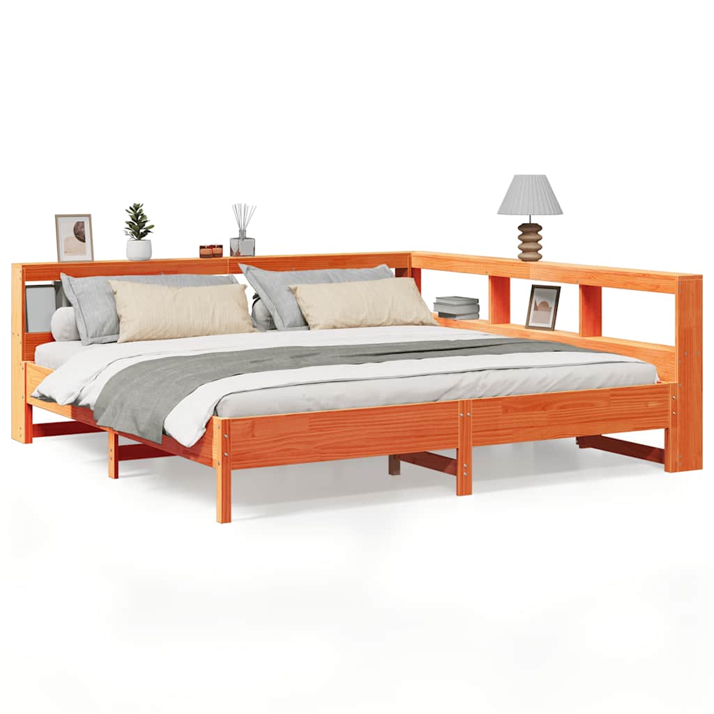 Seng med bokhylle uten madrass voksbrun 180x200 cm heltre furu