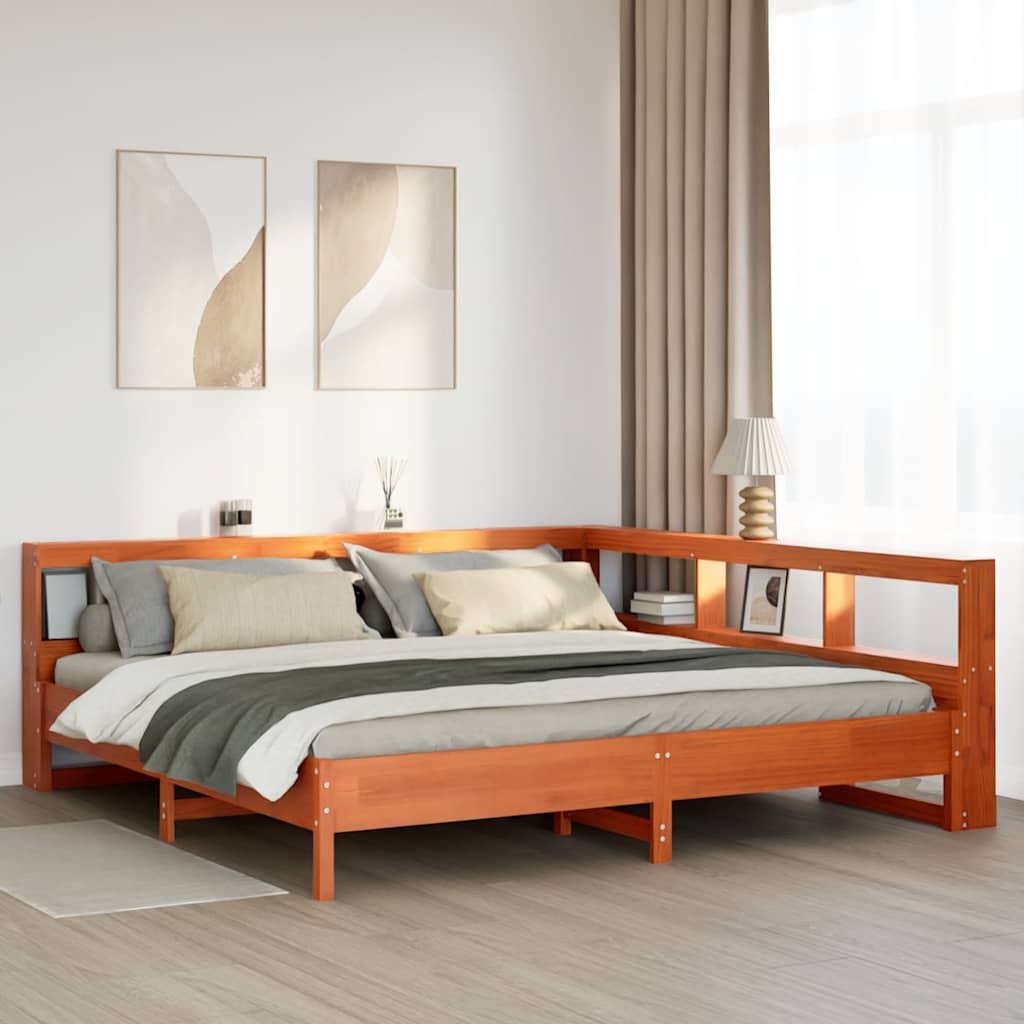 Seng med bokhylle uten madrass voksbrun 180x200 cm heltre furu