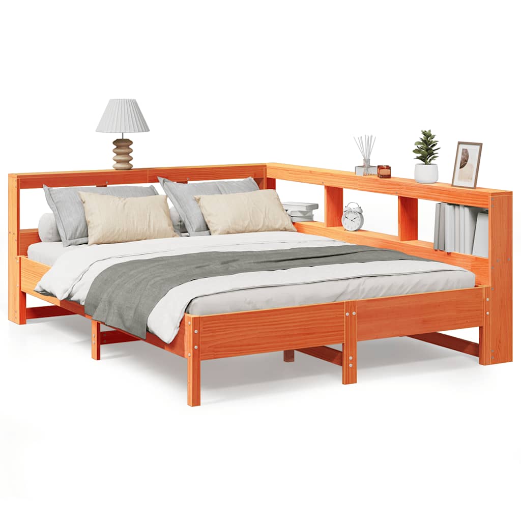 Seng med bokhylle uten madrass voksbrun 160x200 cm heltre furu