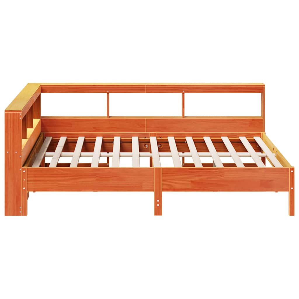 Seng med bokhylle uten madrass voksbrun 160x200 cm heltre furu