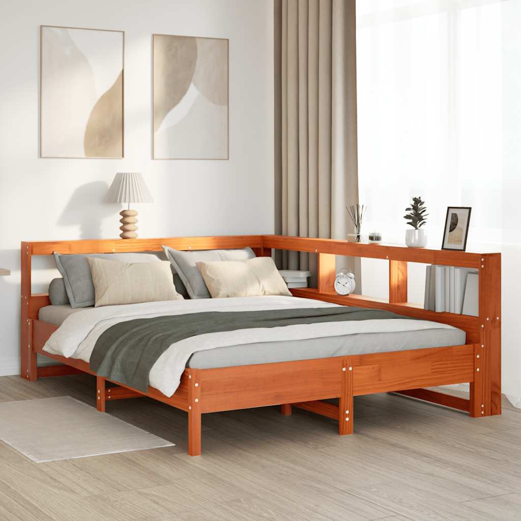 Seng med bokhylle uten madrass voksbrun 140x200 cm heltre furu