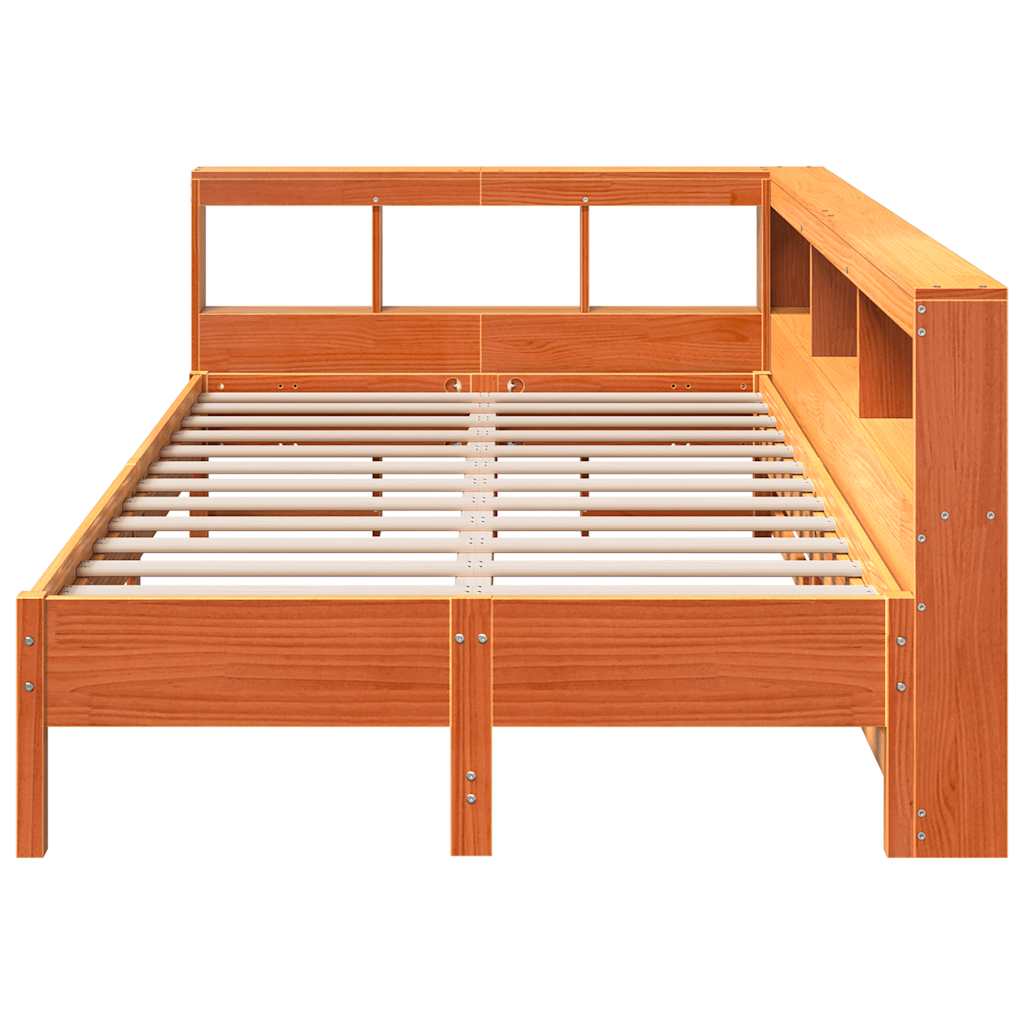 Seng med bokhylle uten madrass voksbrun 120x200 cm heltre furu