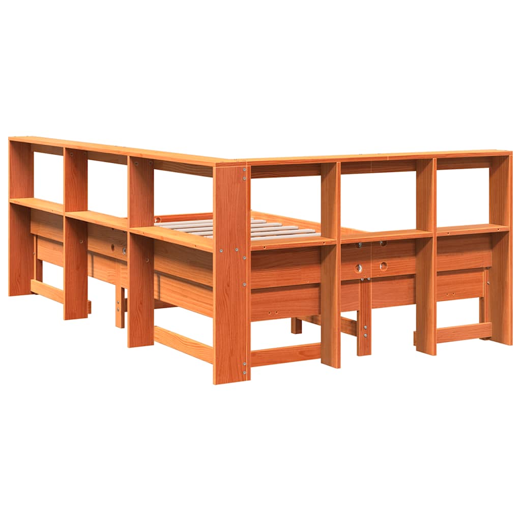 Seng med bokhylle uten madrass voksbrun 120x200 cm heltre furu