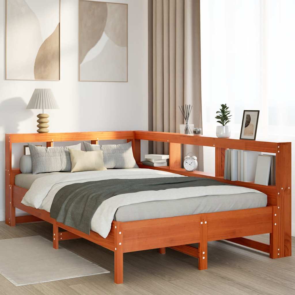 Seng med bokhylle uten madrass voksbrun 120x200 cm heltre furu