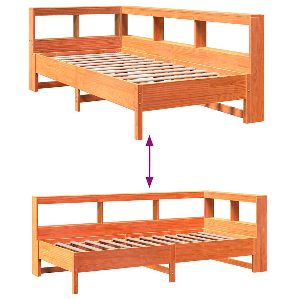 Seng med bokhylle uten madrass voksbrun 90x200 cm heltre furu