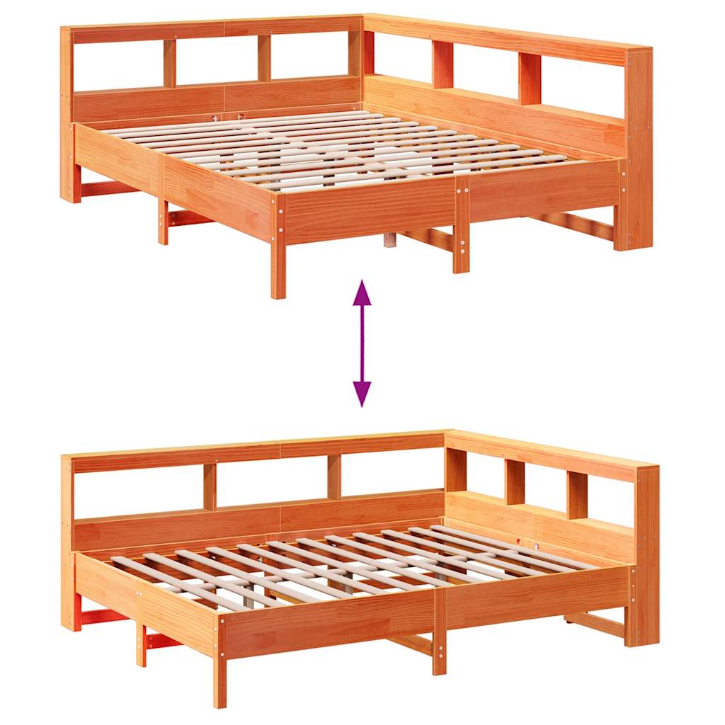 Seng med bokhylle uten madrass voksbrun 135x190 cm heltre furu