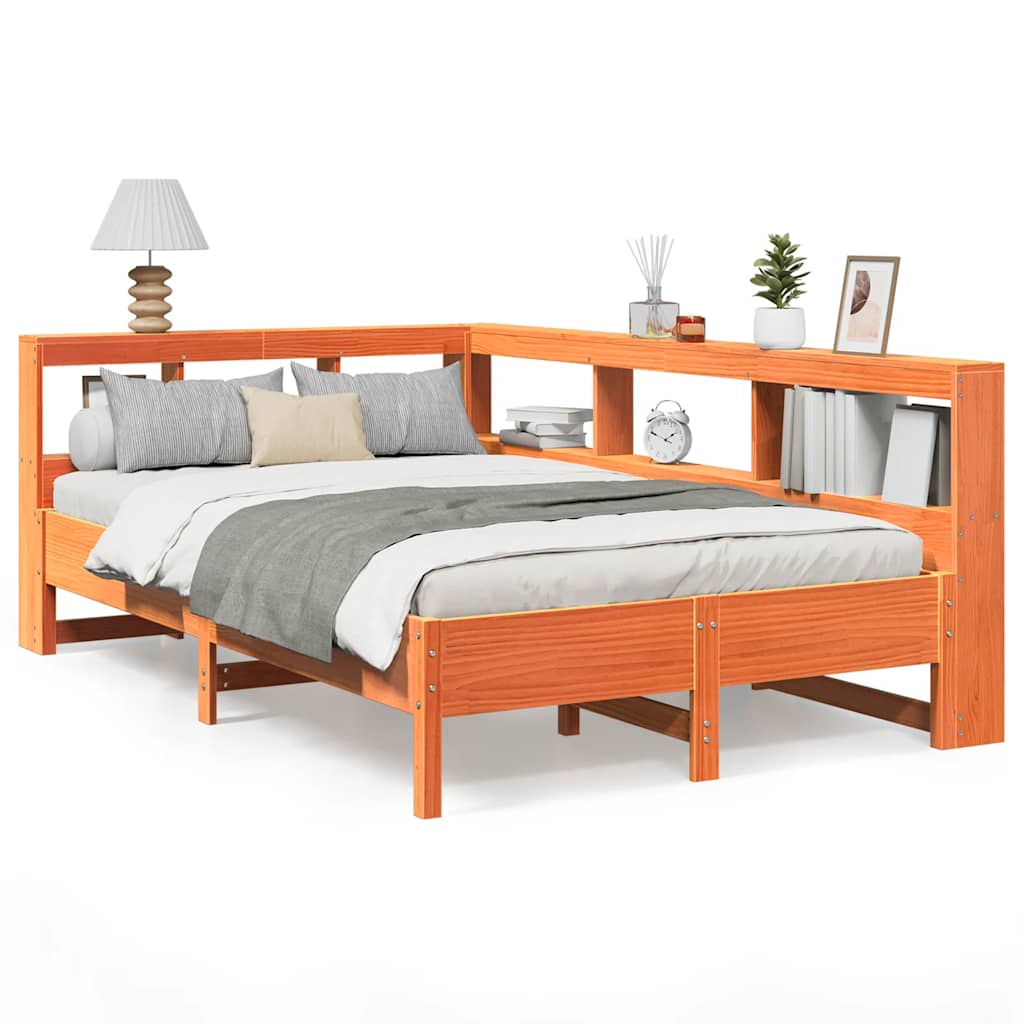 Seng med bokhylle uten madrass voksbrun 120x190 cm heltre furu