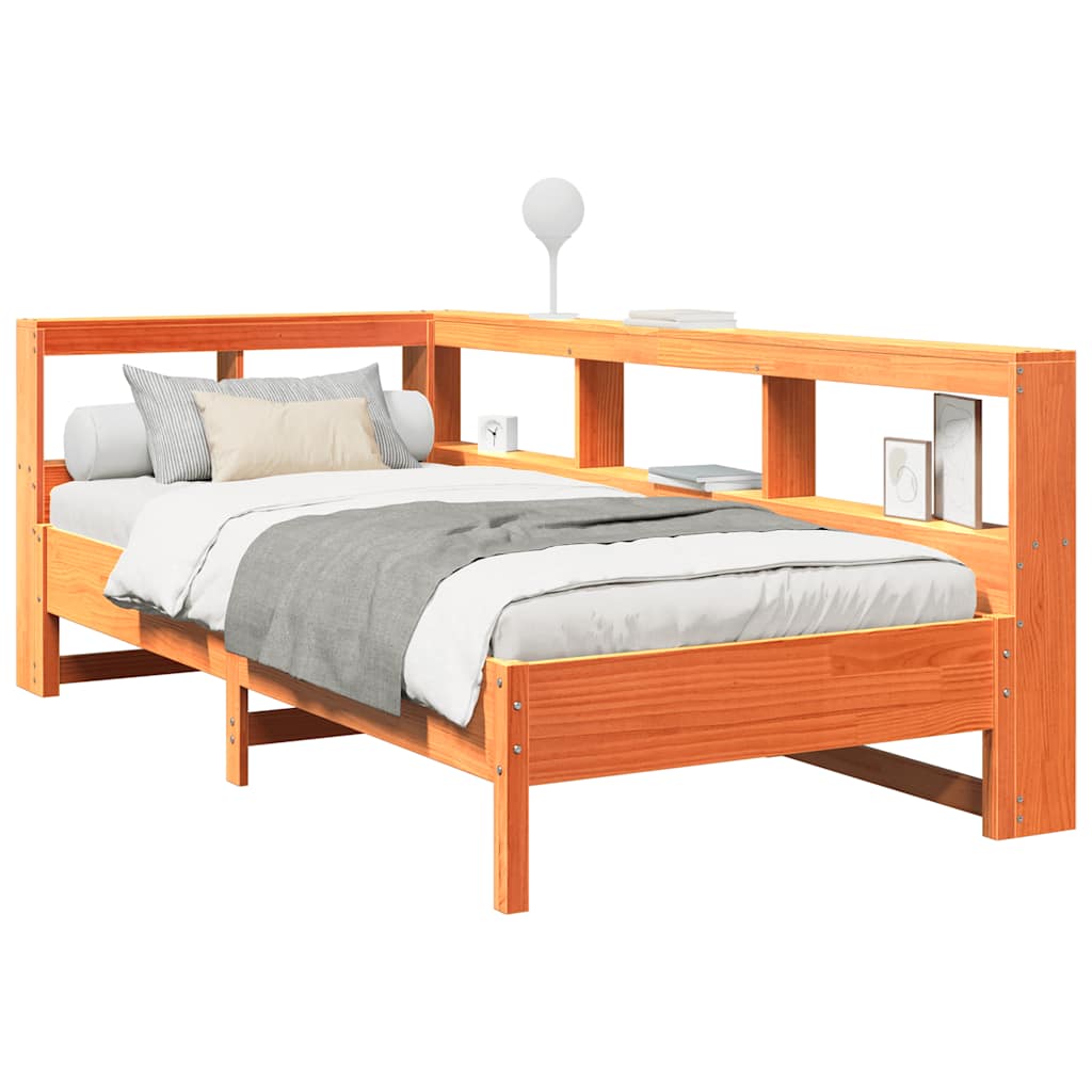 Seng med bokhylle uten madrass voksbrun 90x190 cm heltre furu