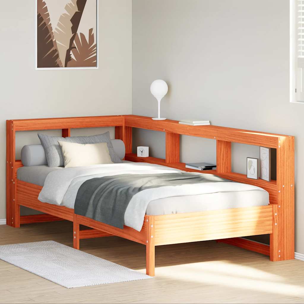 Seng med bokhylle uten madrass voksbrun 90x190 cm heltre furu