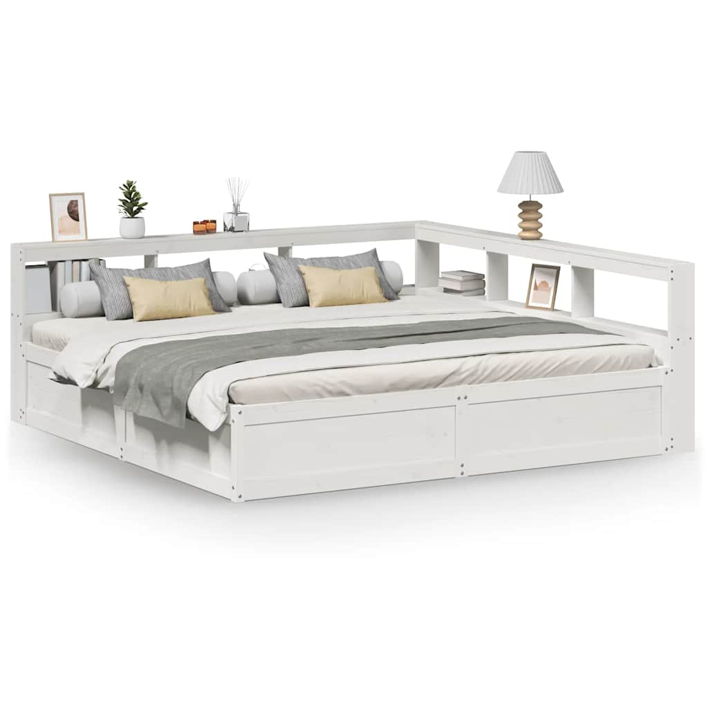 Seng med bokhylle uten madrass hvit 200x200 cm heltre furu