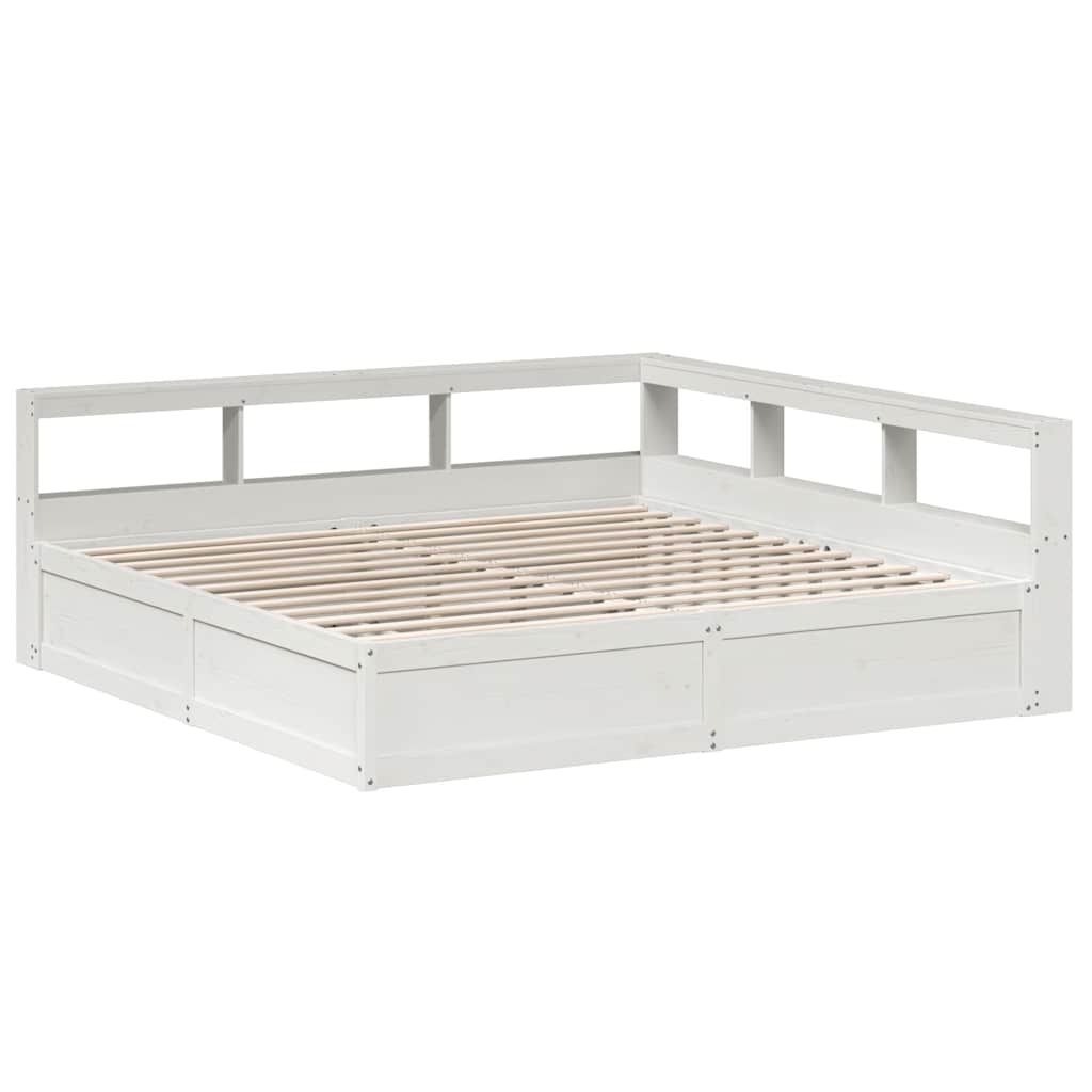 Seng med bokhylle uten madrass hvit 200x200 cm heltre furu