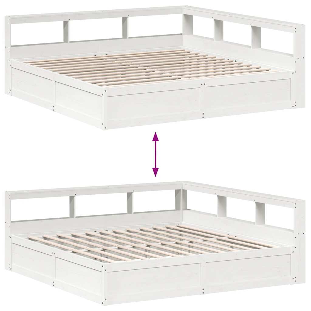 Seng med bokhylle uten madrass hvit 200x200 cm heltre furu