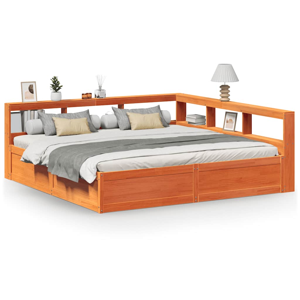 Seng med bokhylle uten madrass voksbrun 200x200 cm heltre furu