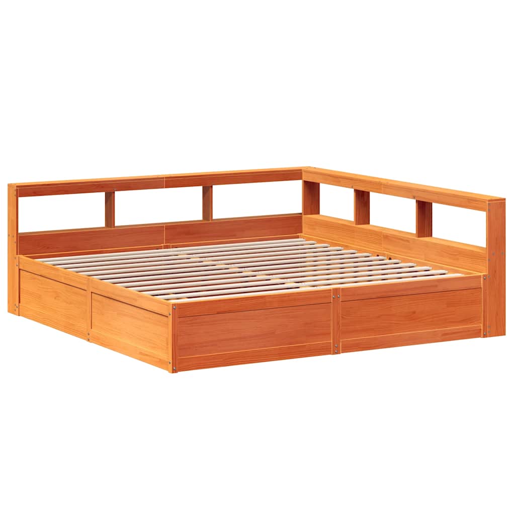 Seng med bokhylle uten madrass voksbrun 180x200 cm heltre furu