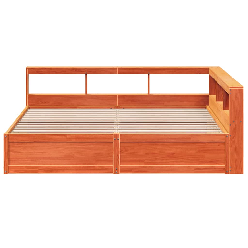Seng med bokhylle uten madrass voksbrun 180x200 cm heltre furu