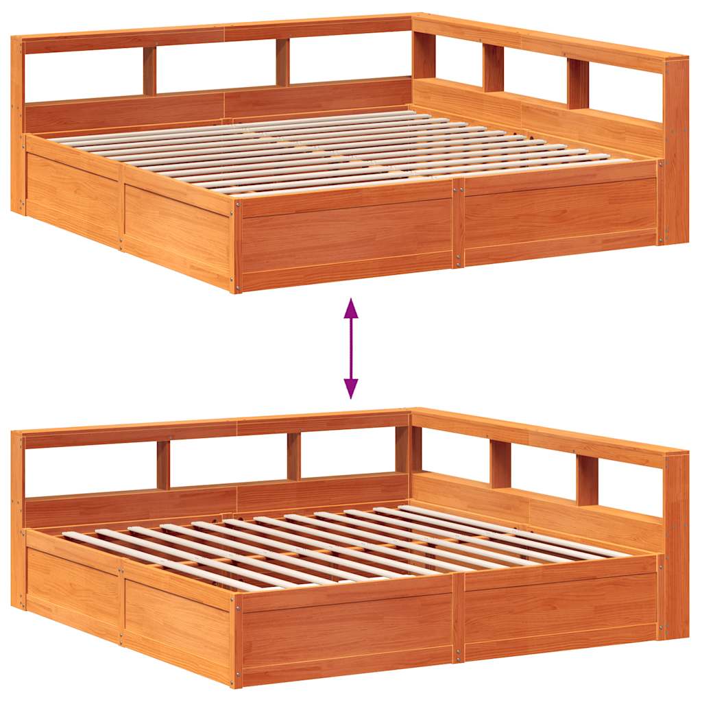 Seng med bokhylle uten madrass voksbrun 180x200 cm heltre furu