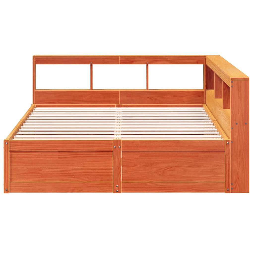 Seng med bokhylle uten madrass voksbrun 140x200 cm heltre furu