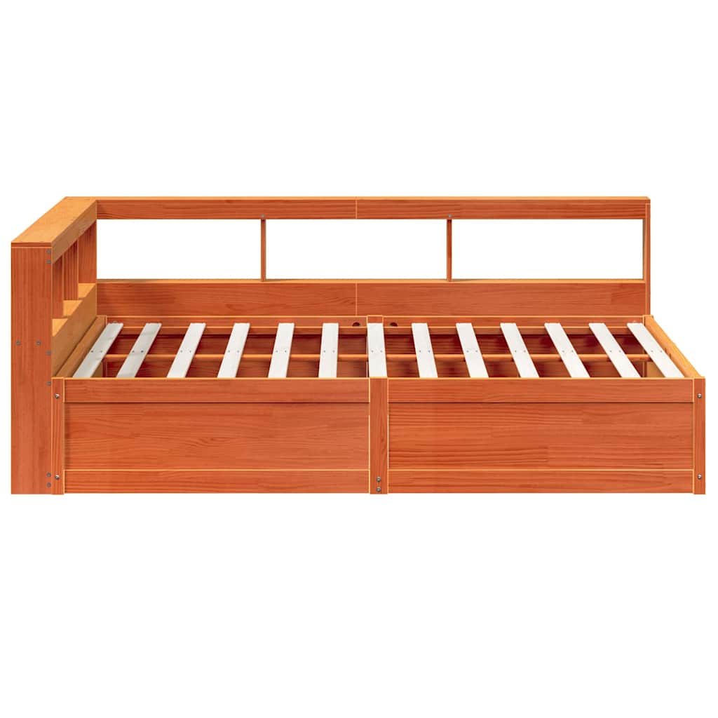 Seng med bokhylle uten madrass voksbrun 140x200 cm heltre furu