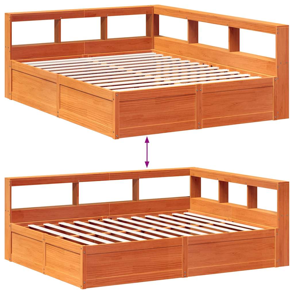 Seng med bokhylle uten madrass voksbrun 140x200 cm heltre furu