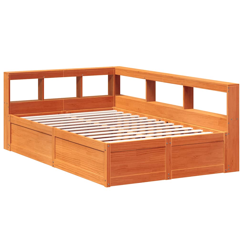 Seng med bokhylle uten madrass voksbrun 120x200 cm heltre furu