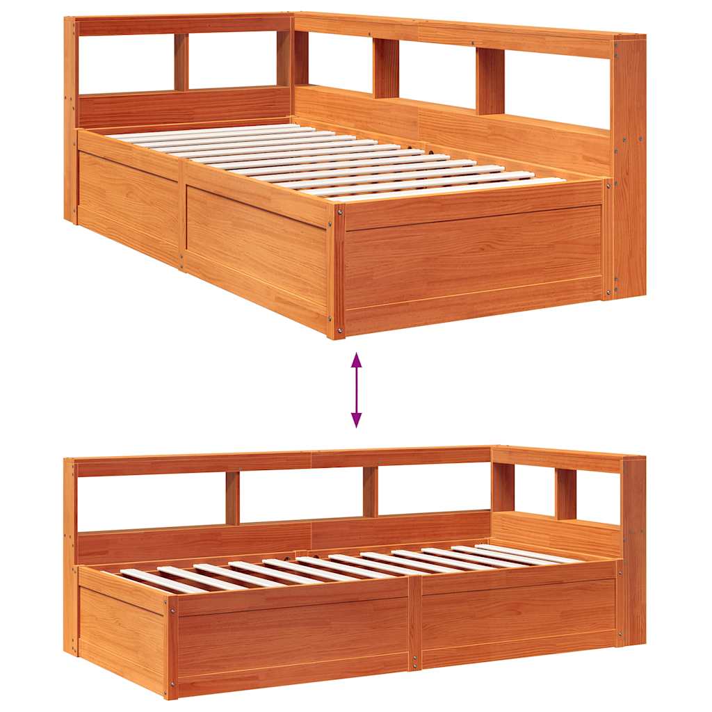 Seng med bokhylle uten madrass voksbrun 90x200 cm heltre furu