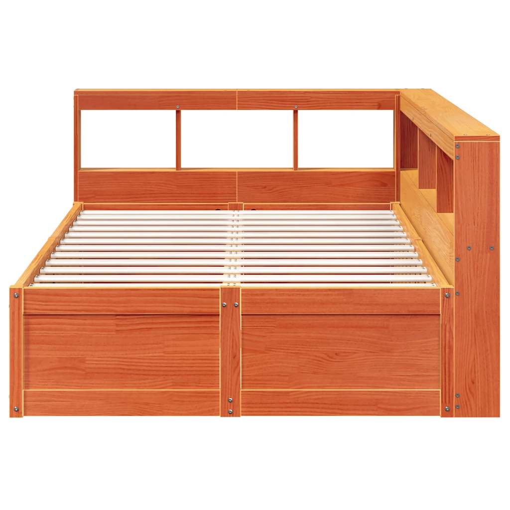Seng med bokhylle uten madrass voksbrun 140x190 cm heltre furu