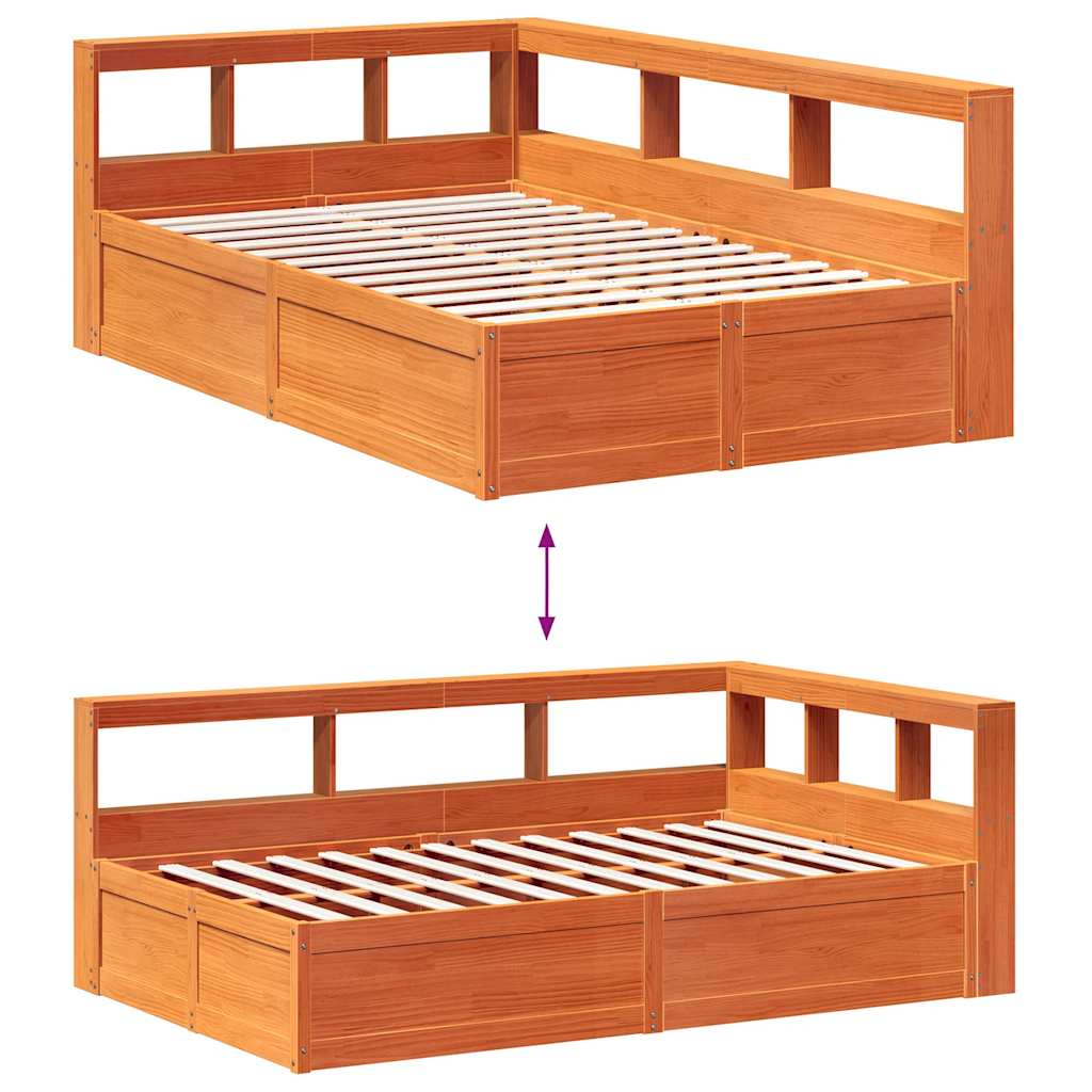 Seng med bokhylle uten madrass voksbrun 140x190 cm heltre furu