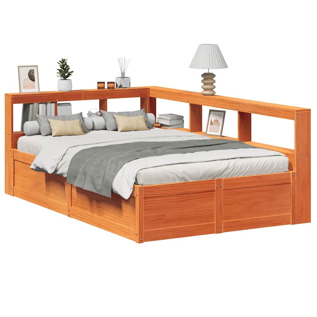 Seng med bokhylle uten madrass voksbrun 140x190 cm heltre furu