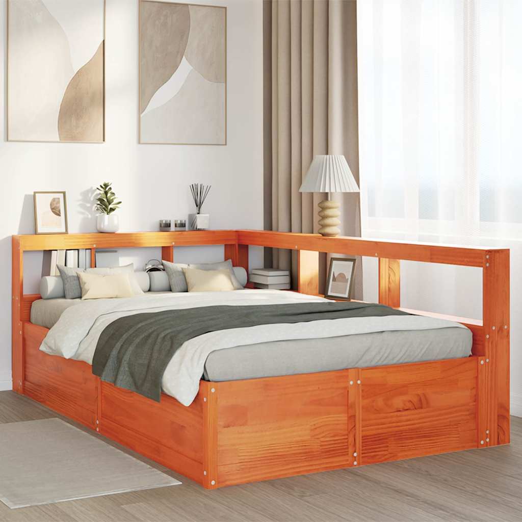 Seng med bokhylle uten madrass voksbrun 135x190 cm heltre furu