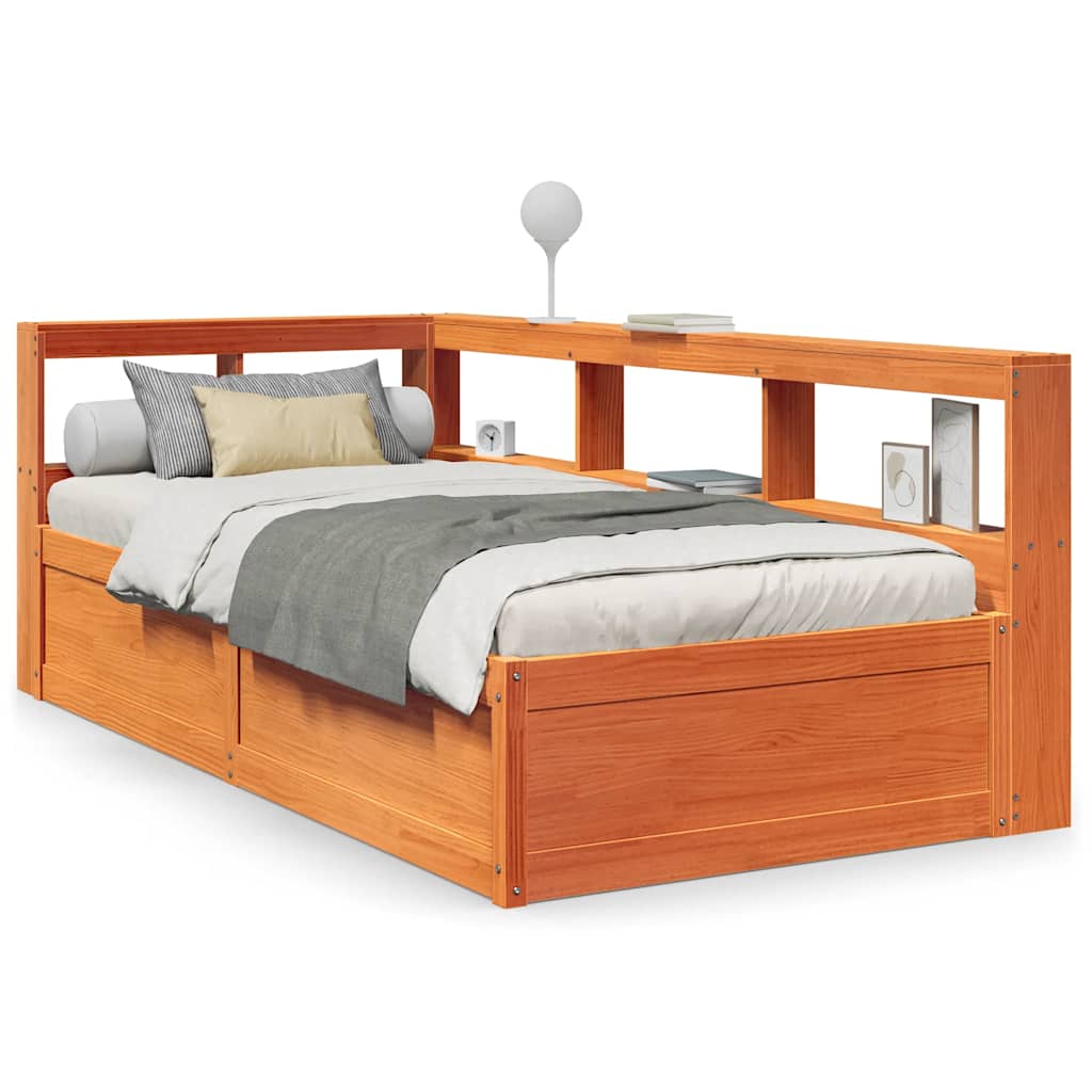 Seng med bokhylle uten madrass voksbrun 90x190 cm heltre furu