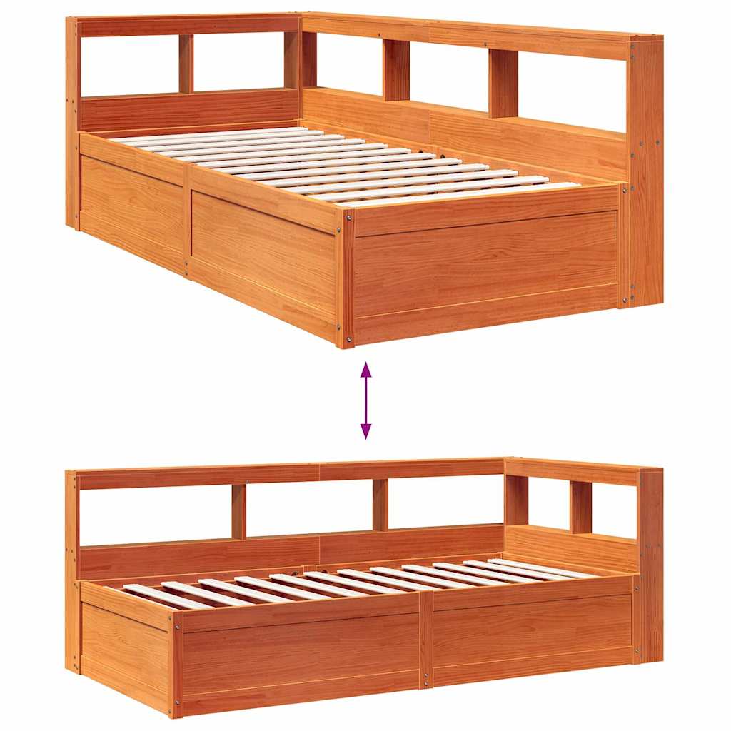 Seng med bokhylle uten madrass voksbrun 90x190 cm heltre furu