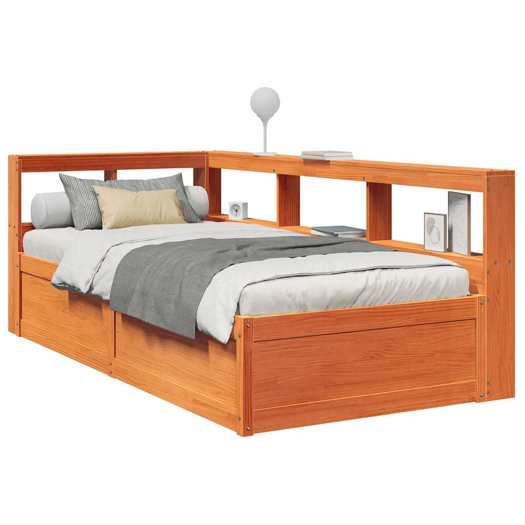 Seng med bokhylle uten madrass voksbrun 90x190 cm heltre furu